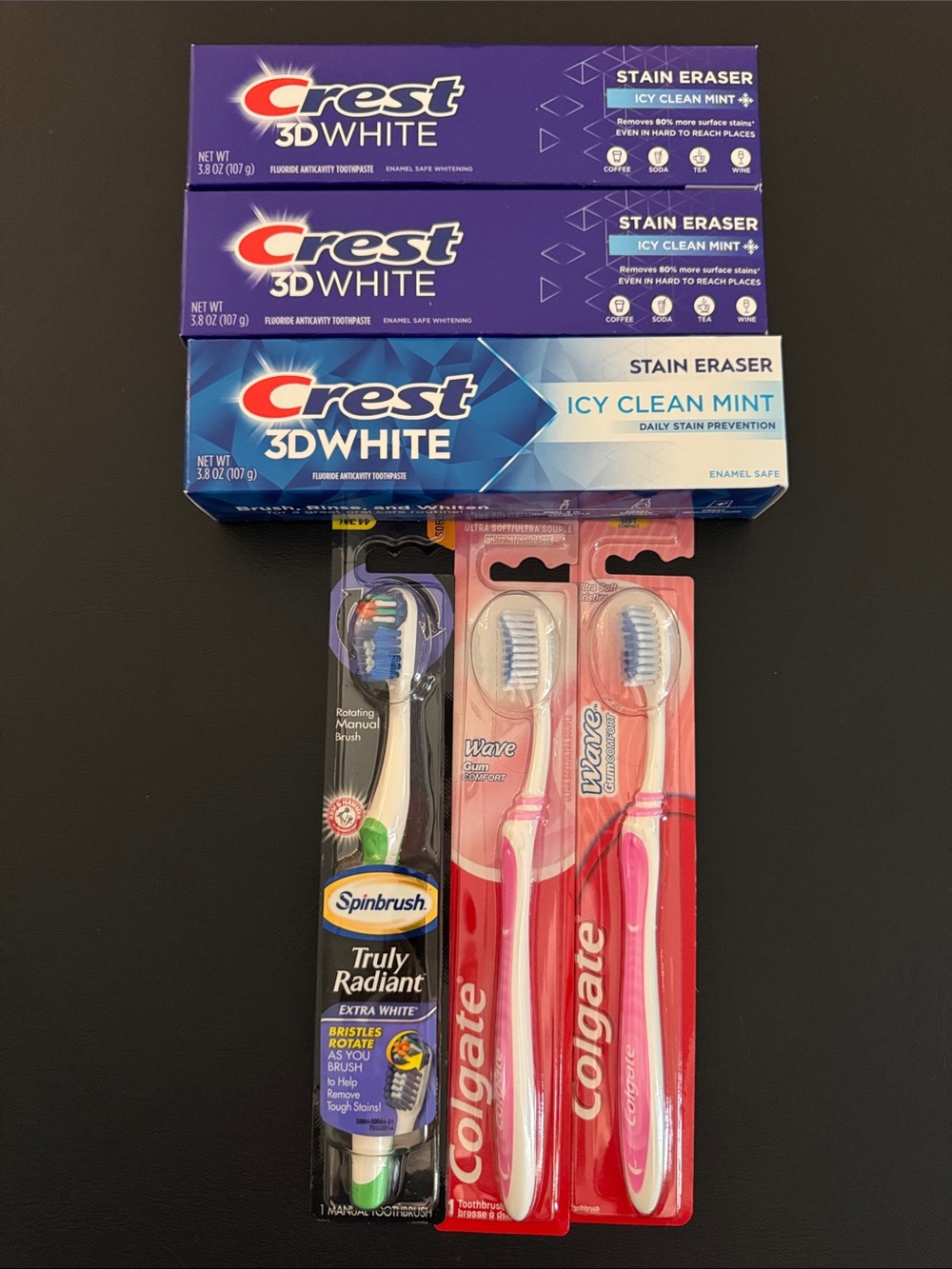 NEW: 3x Crest 3D White Stain + 3x Colgate / Arm&Hammer Toothbrushes Dental Lot